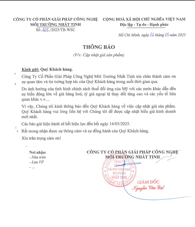 Thông báo cập nhật giá sản phẩm