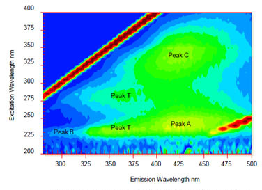 Biểu đồ excitation-emission matrix thể hiện bước sóng huỳnh quang của chất hữu cơ